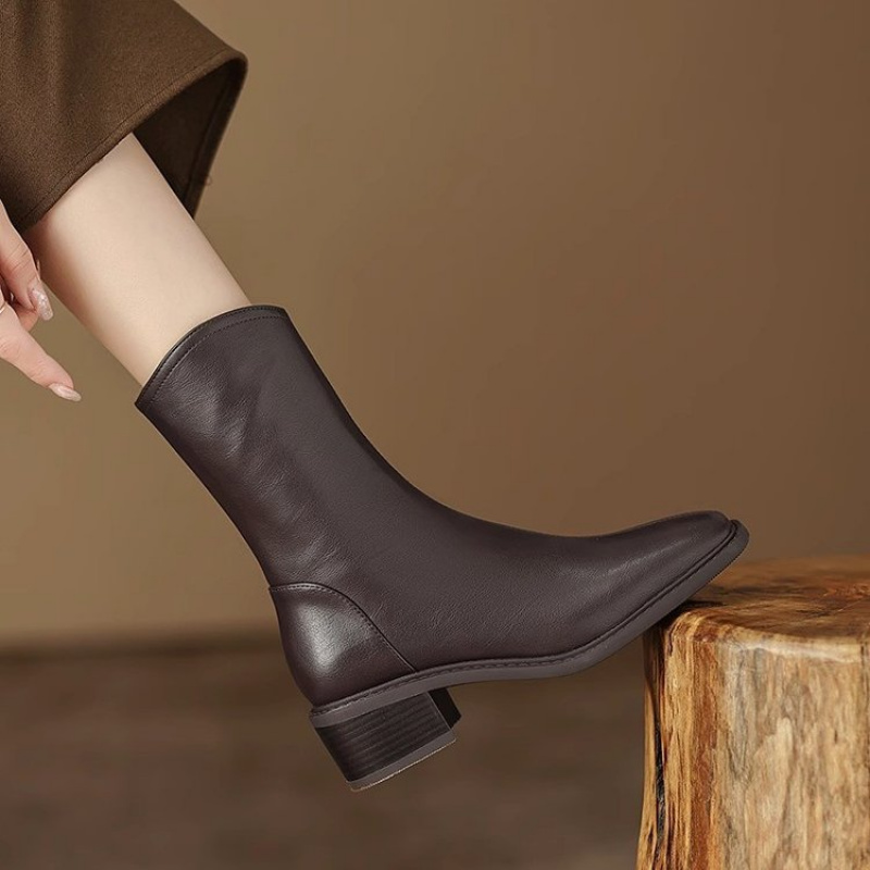 Women Square Toe Leather Ankle - Vintage Fashion Dresses ulasan dan harga